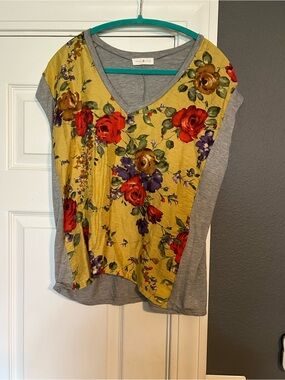 Kate and Lily Yellow Floral V-Neck Mixed-Media Blouse